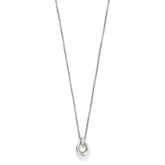 A silver-colored Brighton Meridian Geo Oval Mini Necklace with a small geometric pendant on a chain.