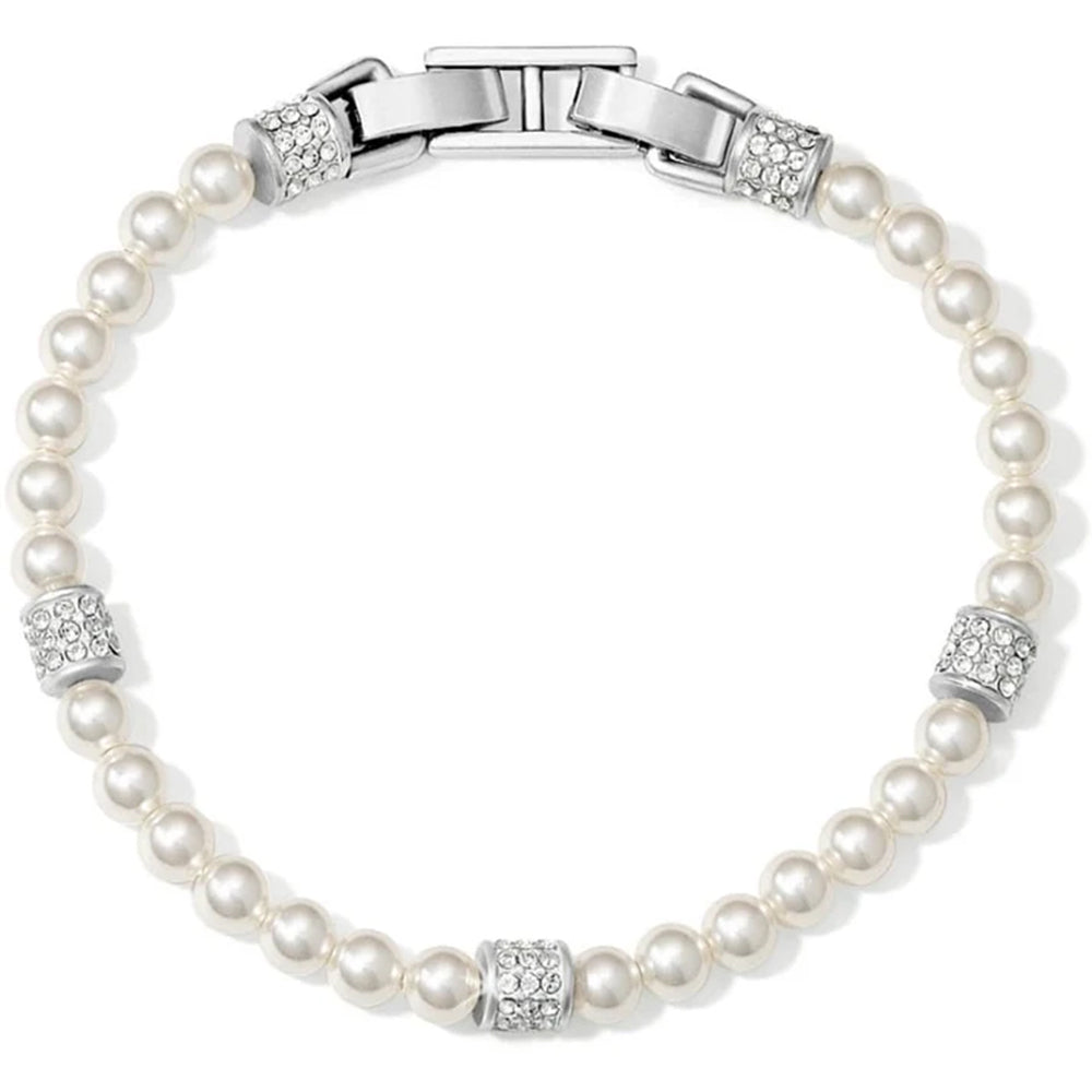 A pearl bracelet with a silver-toned clasp and decorative crystal-encrusted spacer beads, shown on a plain white background.