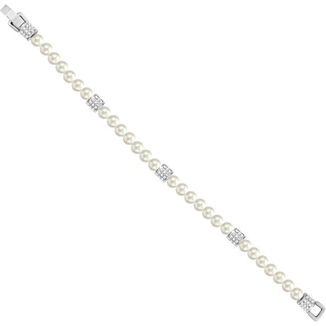 A pearl bracelet with silver-tone square links and clear crystal accents, shown diagonally on a plain white background.