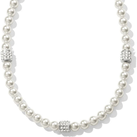 Pearl necklace with silver clasp on a white background