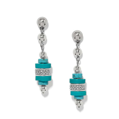 Pair of earrings with turquoise and silver design on a white background