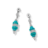 A pair of silver drop earrings with stacked turquoise beads and a silver band of small clear crystals in the center, shown on a white background.
