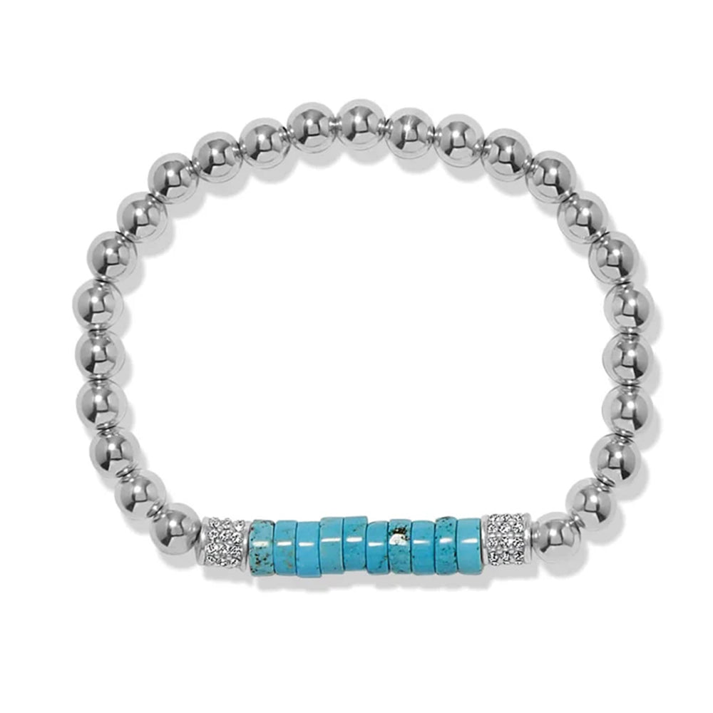 A silver beaded bracelet with a central cluster of turquoise blue rectangular beads, flanked by two silver textured spacer beads, shown on a white background.