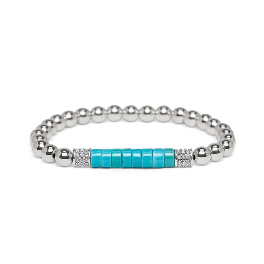 A silver beaded bracelet with a central turquoise blue rectangular inlay and small clear crystal accents on either side, shown on a plain white background.