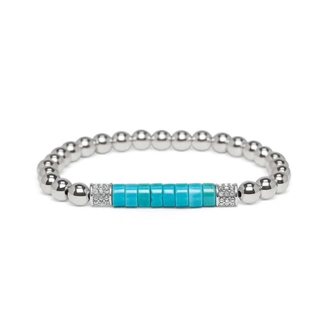 A silver beaded bracelet with a central turquoise blue rectangular inlay and small clear crystal accents on either side, shown on a plain white background.