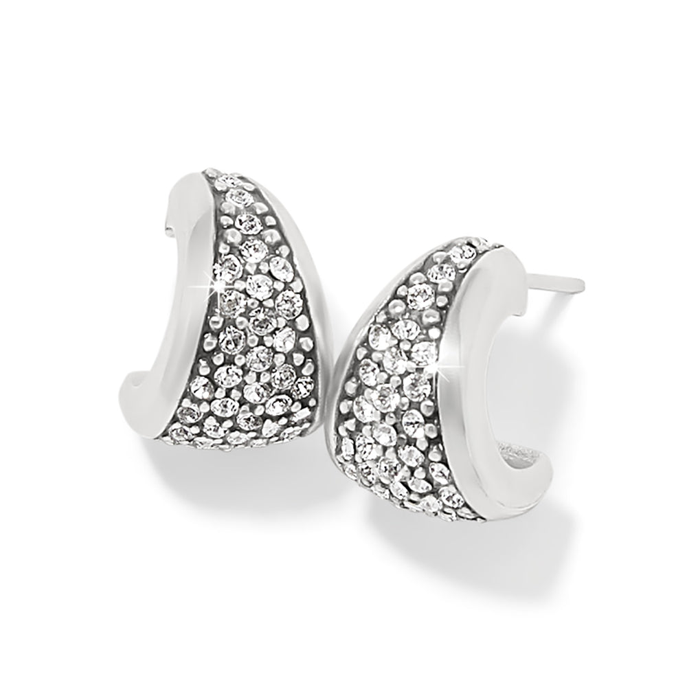 Silver earrings with clear gemstones on a white background
