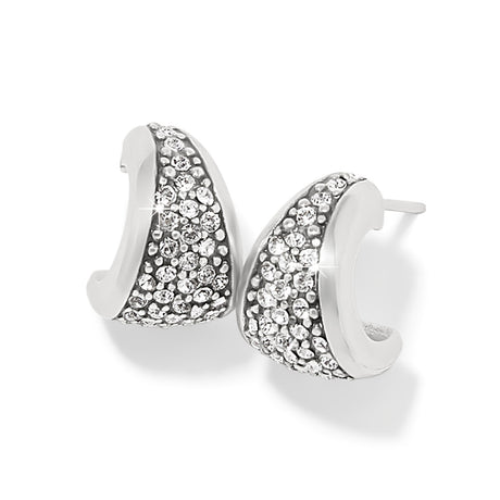 Silver earrings with clear gemstones on a white background