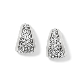 Triangular earrings with clear gemstones on a white background