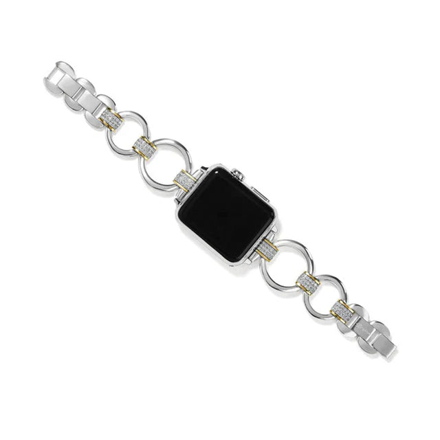 Silver chain bracelet with a black square stone on a white background