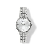 Silver watch with intricate design on a white background