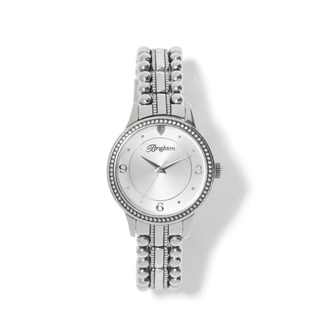 Silver watch with intricate design on a white background