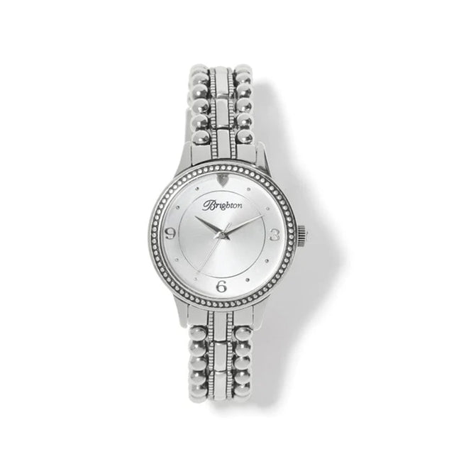 Silver watch with intricate design on a white background
