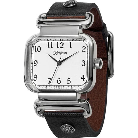 Watch with a brown leather strap and silver case on a white background