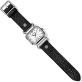Watch with black leather strap and silver case on a white background