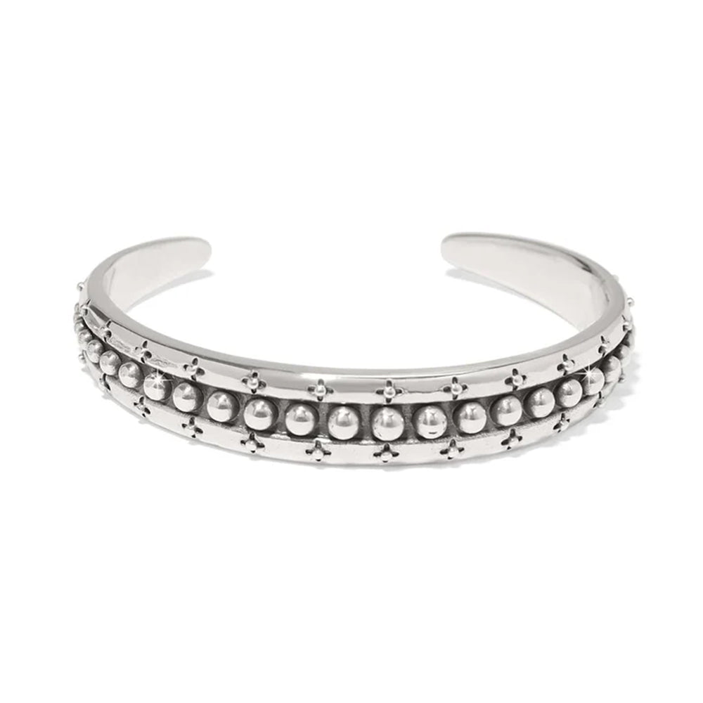Silver bracelet with bead detailing on a white background