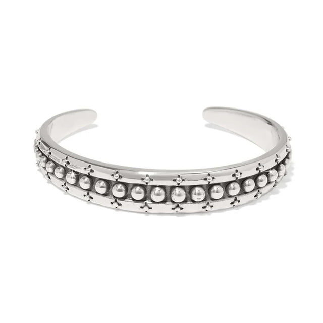 Silver bracelet with bead detailing on a white background