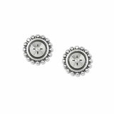 Pair of silver earrings with intricate designs on a white background