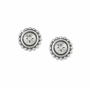 Pair of silver earrings with intricate designs on a white background