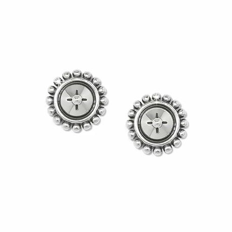 Pair of silver earrings with intricate designs on a white background
