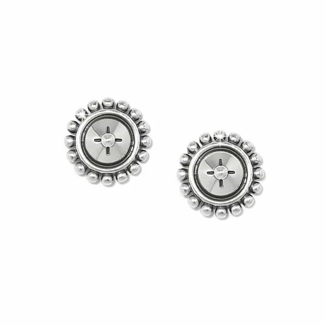 Pair of silver earrings with intricate designs on a white background
