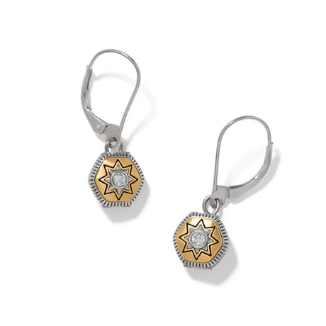 Pair of earrings with gold and silver designs on a white background