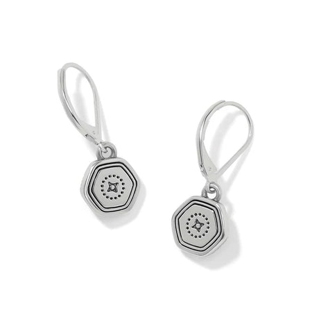 A pair of sterling silver leverback earrings with hexagonal charms featuring concentric octagons and a central star motif, shown on a clean white background.