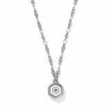 A silver-toned necklace featuring a delicate chain and a hexagonal pendant with an eye motif, displayed against a clean white background.