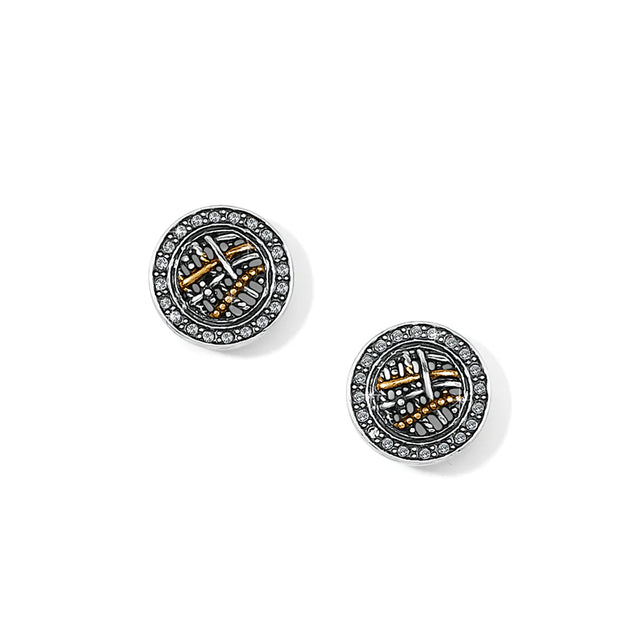 Pair of round earrings with intricate designs on a white background