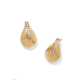 Gold teardrop earrings with embedded crystals on a white background