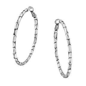 A pair of silver hoop earrings with a textured, segmented chain-link design, shown on a plain white background.