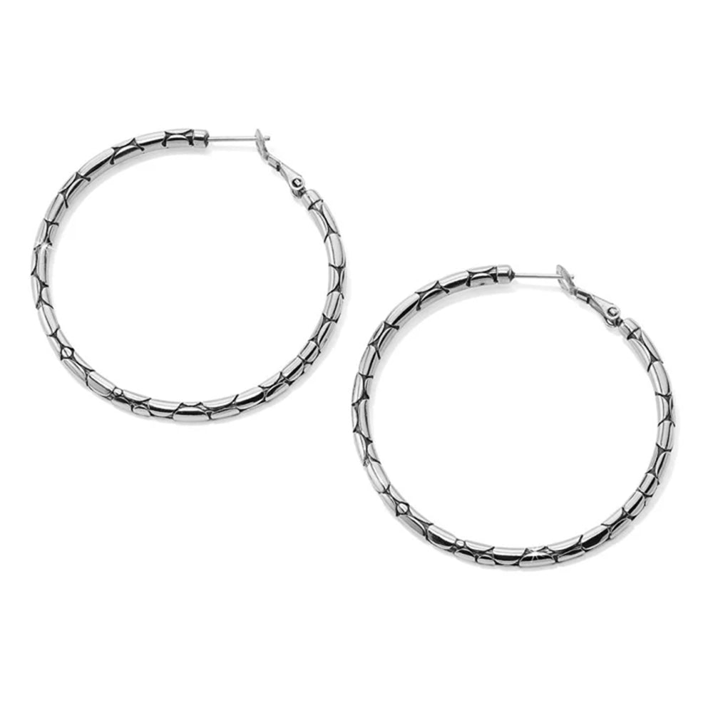 Pair of silver hoop earrings on a white background