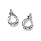 A pair of silver teardrop-shaped hoop earrings with a textured beaded border and a secure top clasp, shown on a clean white background.