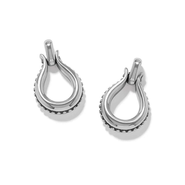 A pair of silver teardrop-shaped hoop earrings with a textured beaded border and a secure top clasp, shown on a clean white background.