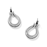 A pair of sterling silver teardrop-shaped hoop earrings with a textured beaded lower border and leverback closures, shown on a clean white background.