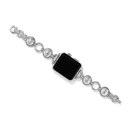 Silver bracelet with a black smartwatch face on a white background