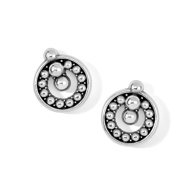 Pair of silver earrings with circular design on a white background