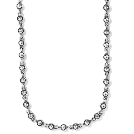 Silver beaded necklace on a white background