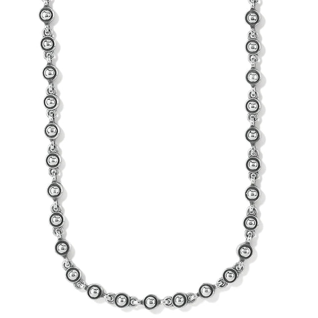 Silver beaded necklace on a white background