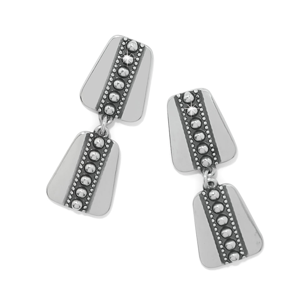 Pair of silver earrings with bead accents on a white background