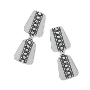 Pair of silver earrings with bead accents on a white background