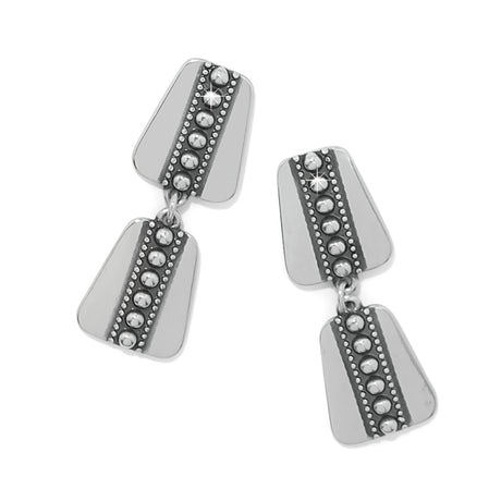 Pair of silver earrings with bead accents on a white background