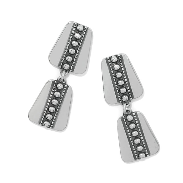 Pair of silver earrings with bead accents on a white background