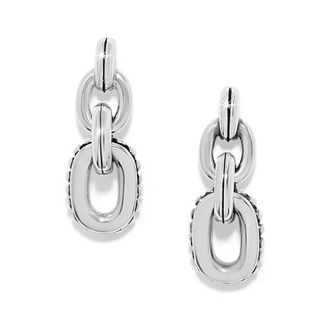Pair of silver chain-link earrings on a white background