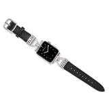 Black watch with silver case and black leather strap on a white background