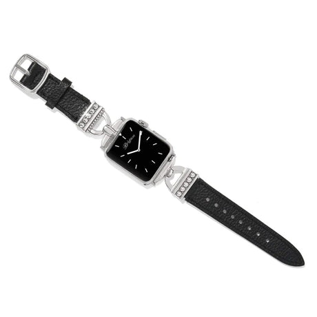 Black watch with silver case and black leather strap on a white background