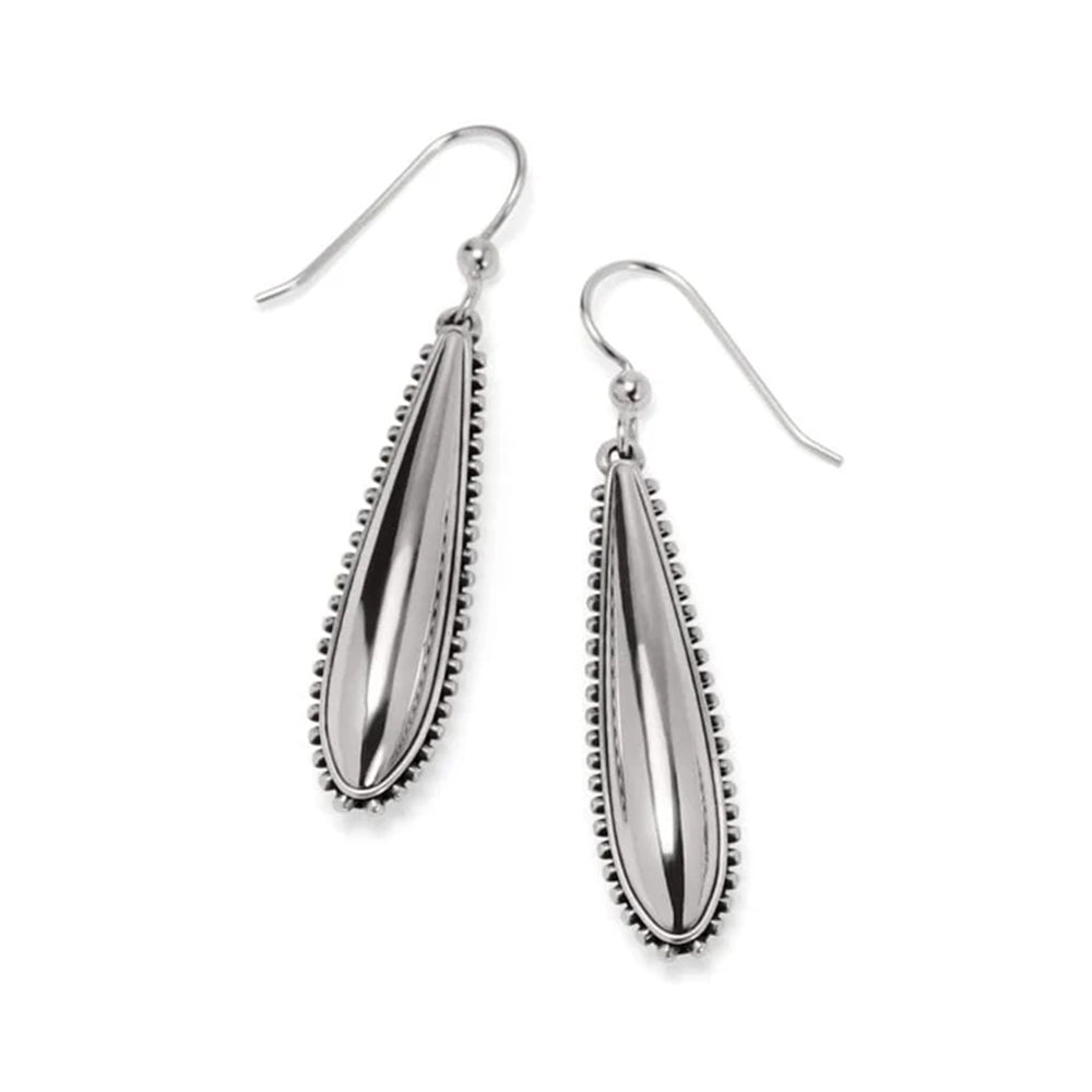 Pair of silver teardrop earrings on a white background