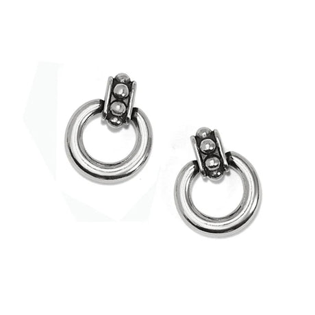 Pair of silver hoop earrings on a white background