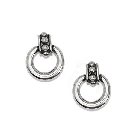 Pair of silver hoop earrings on a white background