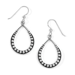 Teardrop-shaped earrings with pearl-like beads on a white background
