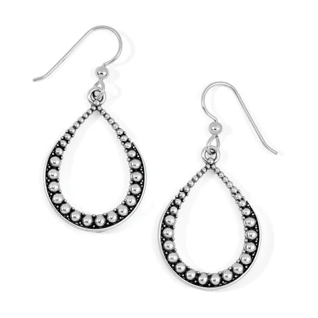 Teardrop-shaped earrings with pearl-like beads on a white background